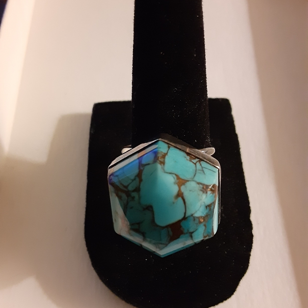Jay King DTR China 925 Compressed Turquoise and Gold Dust Statement Ring.